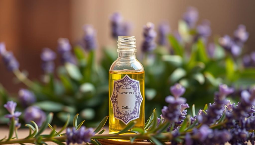 A serene, lavender-hued scene showcasing a glass bottle filled with lavender essential oil. The bottle is set against a soft, blurred background of lush, verdant foliage, creating a calming and natural atmosphere. Warm, diffused lighting gently illuminates the scene, casting a soothing glow on the bottle's intricate label and the surrounding greenery. The overall composition conveys a sense of tranquility and relaxation, perfectly capturing the essence of an aromatherapy massage with lavender oil.