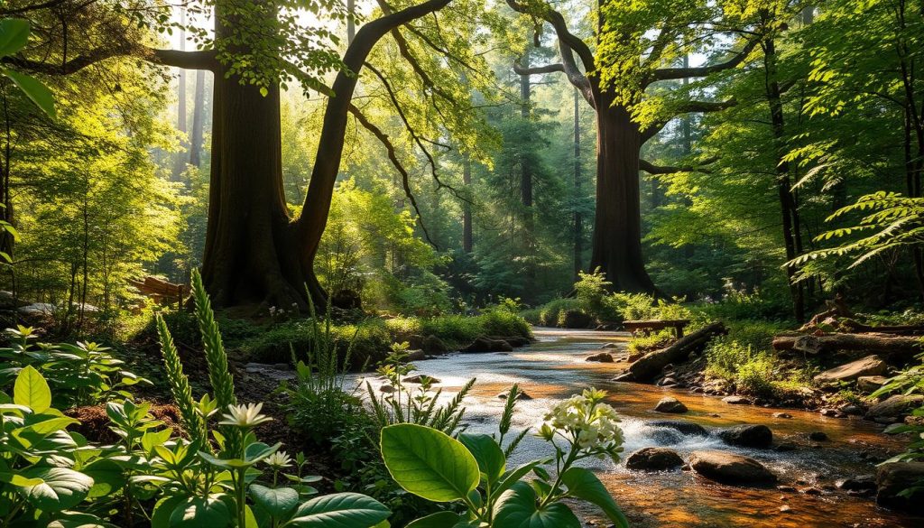 A serene, lush forest scene with dappled sunlight filtering through the canopy, creating a warm, rejuvenating atmosphere. In the foreground, a vibrant array of medicinal herbs and plants, their leaves and petals glistening with morning dew. The middle ground features a tranquil stream, its gentle current symbolizing the flow of life and wellness. In the background, towering ancient trees stand as guardians, their roots deeply connected to the earth. The overall composition conveys a sense of harmony, balance, and the restorative power of nature, perfectly capturing the essence of "Bağışıklık sistemi desteği".