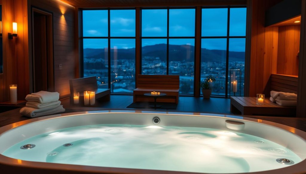A serene, luxurious couples' retreat set within a cozy, candlelit spa. In the foreground, a large, inviting hot tub steams gently, its waters beckoning for a relaxing soak. Surrounding the tub, plush towels and robes await, alongside fragrant bath salts and oils. In the middle ground, a traditional Finnish sauna radiates a warm, golden glow, its wooden benches inviting a moment of tranquil reflection. The background reveals a softly lit, minimalist interior, with large windows overlooking a picturesque cityscape. Ambient lighting, gentle music, and the soothing aromas of essential oils create an atmosphere of pure indulgence and romance. A serene, luxurious couples' retreat set within a cozy, candlelit spa. In the foreground, a large, inviting hot tub steams gently, its waters beckoning for a relaxing soak. Surrounding the tub, plush towels and robes await, alongside fragrant bath salts and oils. In the middle ground, a traditional Finnish sauna radiates a warm, golden glow, its wooden benches inviting a moment of tranquil reflection. The background reveals a softly lit, minimalist interior, with large windows overlooking a picturesque cityscape. Ambient lighting, gentle music, and the soothing aromas of essential oils create an atmosphere of pure indulgence and romance.