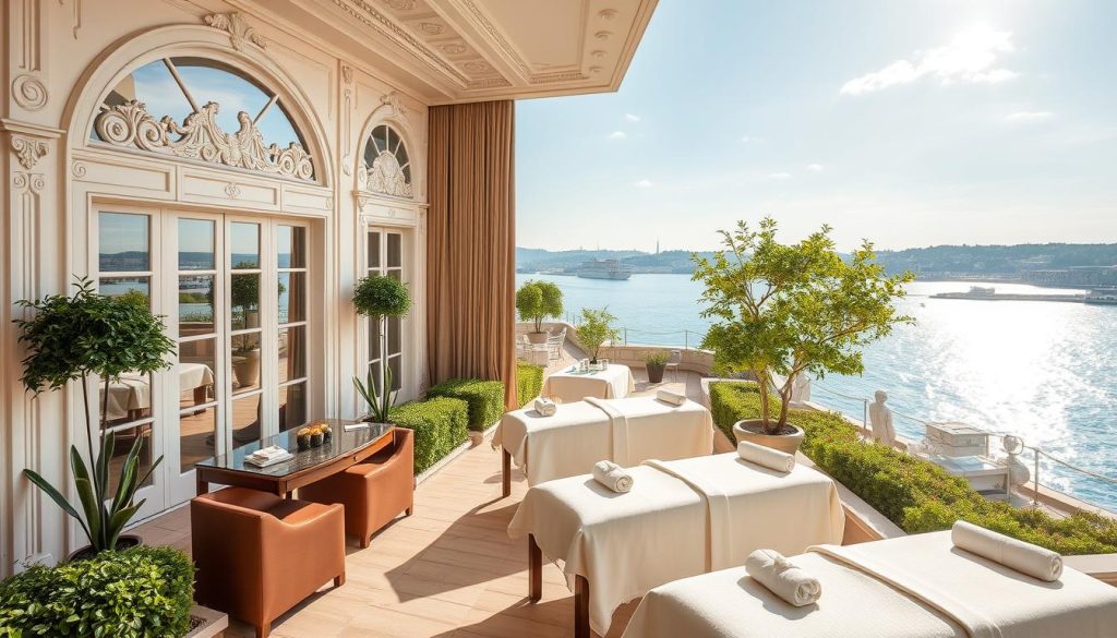 A serene, luxurious spa hotel nestled along the picturesque Bosporus Strait in Istanbul. The elegant facade features ornate architectural details and lush, manicured gardens. The interior exudes a calming, minimalist aesthetic with natural light streaming through large windows, illuminating the plush, modern furnishings and spa amenities. Guests enjoy a panoramic view of the shimmering waterfront from the rooftop terrace, where they can indulge in soothing massage treatments surrounded by a tranquil, resort-like ambiance. A serene, luxurious spa hotel nestled along the picturesque Bosporus Strait in Istanbul. The elegant facade features ornate architectural details and lush, manicured gardens. The interior exudes a calming, minimalist aesthetic with natural light streaming through large windows, illuminating the plush, modern furnishings and spa amenities. Guests enjoy a panoramic view of the shimmering waterfront from the rooftop terrace, where they can indulge in soothing massage treatments surrounded by a tranquil, resort-like ambiance.