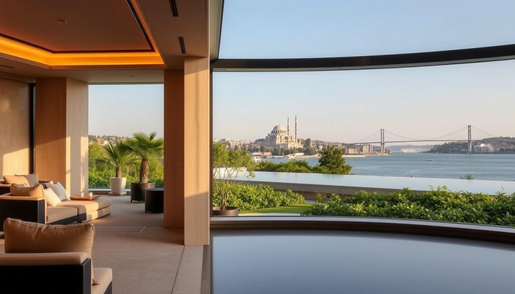 A serene, luxurious spa nestled along the Bosphorus, the Mandarin Oriental Bosphorus offers a zen-inspired sanctuary with stunning views of the historic Istanbul waterfront. The tranquil interior features plush, natural decor with warm lighting, creating a calming atmosphere. In the foreground, a sleek, modern lounge area with minimalist furniture invites visitors to unwind. The middle ground showcases the spa's elegant pool, surrounded by a lush, verdant landscape and the iconic Bosphorus Bridge in the distance. The background frames the majestic silhouette of the Hagia Sophia, blending the ancient and modern elements of this exceptional spa experience.