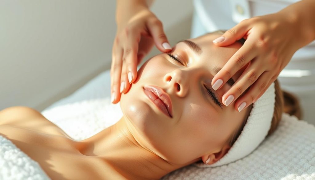 A serene massage session showcasing the art of skin nourishment. A skilled masseuse's hands glide over a model's glowing, hydrated complexion, coaxing out a luminous, dewy radiance. Soft, diffused lighting bathes the scene in a warm, natural glow, accentuating the lush, supple texture of the skin. The model's face is angled to capture the massage's soothing, rejuvenating effects, their expression one of tranquil relaxation. The backdrop is a calming, minimalist space, allowing the focus to remain on the massage techniques and their transformative impact on the skin's appearance.