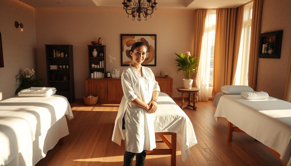 A serene massage studio nestled in the heart of Istanbul, bathed in warm, natural light. Plush massage tables draped in crisp, white linens await clients, with an array of essential oils and soothing music creating a tranquil ambiance. Subtle patterns on the walls and carefully curated decor elements evoke a sense of comfort and professionalism. In the foreground, a skilled, experienced massage therapist stands ready to provide personalized, therapeutic treatments tailored to each individual's needs. The overall scene exudes a calming, trustworthy atmosphere, reflecting the expertise and care of the reliable medical massage practitioners within.