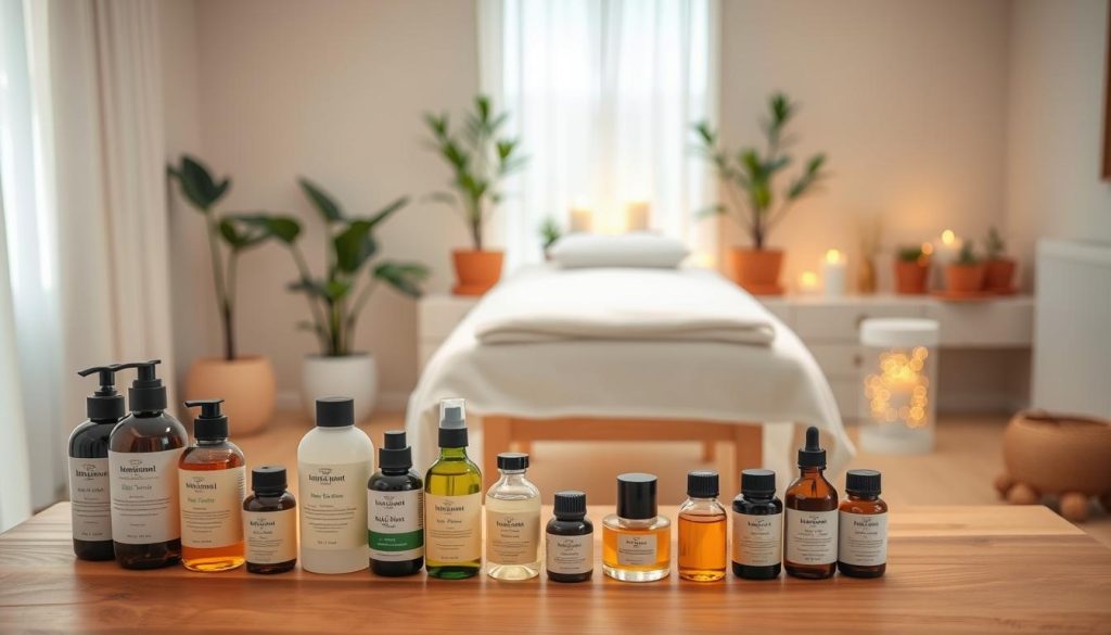 A serene massage studio with soft lighting and soothing, neutral tones. In the foreground, various massage oils, lotions, and essential oils are neatly arranged on a wooden table. The middle ground features a cozy massage table, draped with a plush, white towel. In the background, potted plants and candles create a calming, natural ambiance. The overall atmosphere exudes a sense of tranquility and mindfulness, perfect for a focused and rejuvenating massage experience.