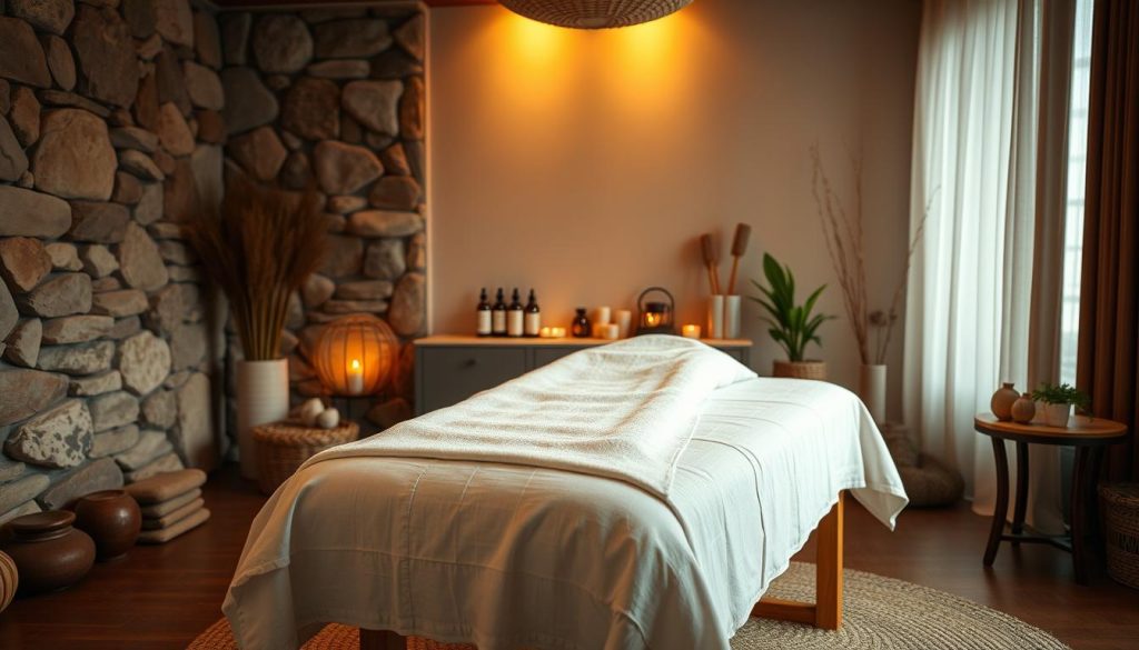 A serene massage studio with warm, diffused lighting and a plush, inviting massage table in the center. Soft, therapeutic music plays in the background, creating a calming ambiance. The table is adorned with clean, crisp linens, and a variety of massage oils and tools are neatly arranged on a side table. The room features earthy, natural tones and textures, such as stone, wood, and plants, exuding a sense of balance and tranquility. The camera angle captures the massage table at a slight angle, emphasizing the skilled, professional techniques of the masseuse as they work to release the tension in the muscles. A serene massage studio with warm, diffused lighting and a plush, inviting massage table in the center. Soft, therapeutic music plays in the background, creating a calming ambiance. The table is adorned with clean, crisp linens, and a variety of massage oils and tools are neatly arranged on a side table. The room features earthy, natural tones and textures, such as stone, wood, and plants, exuding a sense of balance and tranquility. The camera angle captures the massage table at a slight angle, emphasizing the skilled, professional techniques of the masseuse as they work to release the tension in the muscles.