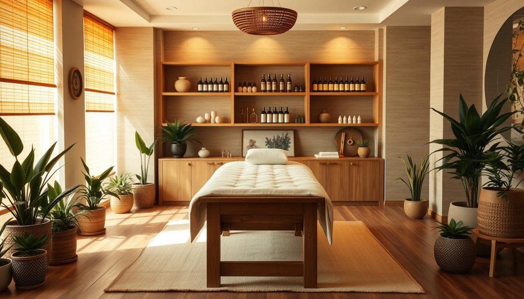 A serene massage studio with warm, diffused lighting and natural textures. A wooden massage table with plush linens takes center stage, surrounded by potted plants and subtle décor. Shelves display an array of massage oils and tools in the background. The overall atmosphere evokes tranquility and relaxation, inviting the viewer to imagine the soothing experience of various massage techniques.