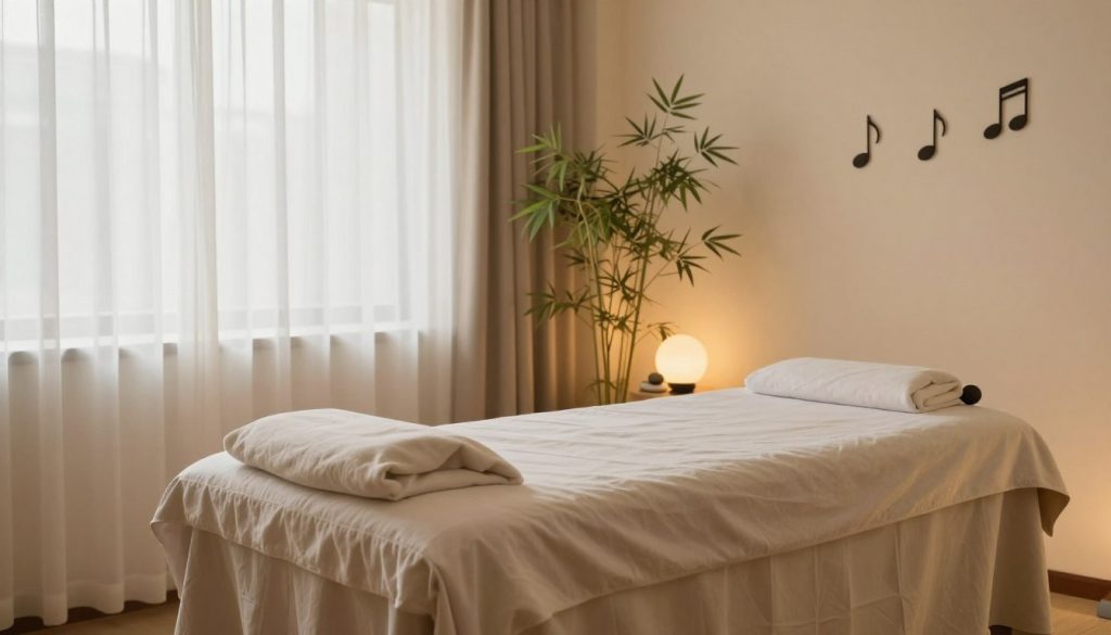 A serene massage therapy room designed for weekly and monthly treatments. In the foreground, an elegant massage table adorned with soft, neutral-colored linens, positioned under gentle, warm lighting. The middle area features a calming decorative element, such as bamboo plants or soothing stones, creating a tranquil ambiance. In the background, soft natural light filters through sheer curtains, illuminating the space with a gentle glow. The room is minimalist yet inviting, with soft music notes depicted visually, establishing a relaxing atmosphere. The entire scene conveys a sense of peace and self-care, emphasizing the importance of regular massage therapy in promoting well-being.