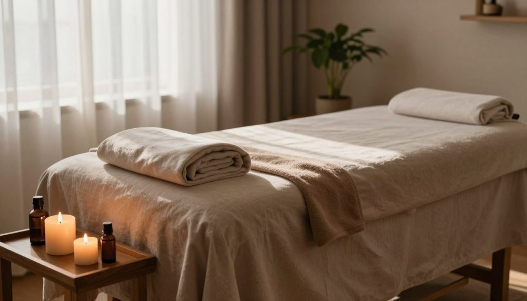 A serene massage therapy room, featuring a massage table with soft, calming linens in soothing earth tones. The foreground showcases aromatic candles and essential oils on a wooden shelf, emitting a warm, inviting glow, enhancing the atmosphere of relaxation. In the middle, a gentle stream of sunlight filters through sheer curtains, illuminating the space, promoting a sense of tranquility. In the background, a potted plant adds a touch of nature, symbolizing rejuvenation and health. The overall mood is peaceful and restorative, emphasizing the physical and mental health benefits of massage therapy. The lighting is soft and natural, capturing a harmonious balance of warmth and comfort, suitable for a relaxing environment.