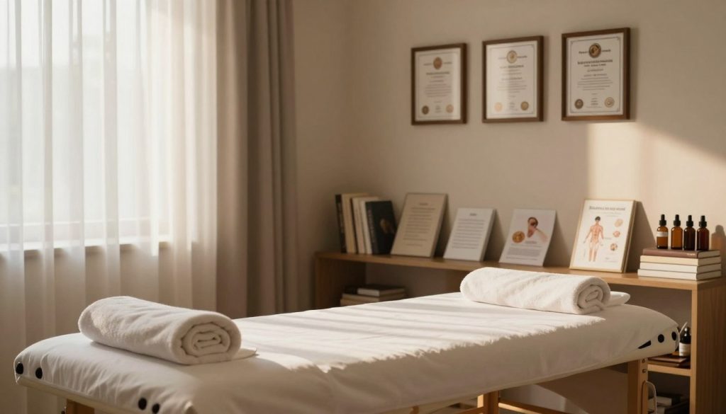 A serene massage therapy room filled with natural light. In the foreground, a massage table is neatly arranged with professional towels and essential oils, signaling readiness. In the middle, a set of framed certificates hangs on the wall, highlighting the importance of education and certification for massage therapists. Around the room, books and materials about various massage techniques and anatomy are placed on a shelf. The background features a window with soft, flowing curtains, casting gentle shadows, creating a calm and inviting atmosphere. The overall mood is tranquil and professional, suggesting a high standard of care and expertise in the field of massage therapy. The lighting is warm and inviting, enhancing the sense of relaxation. A serene massage therapy room filled with natural light. In the foreground, a massage table is neatly arranged with professional towels and essential oils, signaling readiness. In the middle, a set of framed certificates hangs on the wall, highlighting the importance of education and certification for massage therapists. Around the room, books and materials about various massage techniques and anatomy are placed on a shelf. The background features a window with soft, flowing curtains, casting gentle shadows, creating a calm and inviting atmosphere. The overall mood is tranquil and professional, suggesting a high standard of care and expertise in the field of massage therapy. The lighting is warm and inviting, enhancing the sense of relaxation.