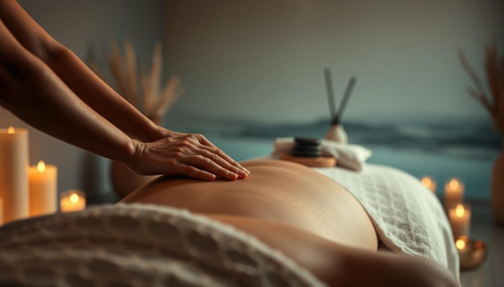 A serene massage therapy scene, capturing the essence of chronic pain relief. A calming, dimly lit room with soothing, warm lighting casts a gentle glow. In the foreground, skilled hands delicately knead and soothe tense, aching muscles, providing a therapeutic touch. Soft, plush fabrics and natural elements, such as river stones or essential oils, create a tranquil, spa-like ambiance. The middle ground features a massage table draped in luxurious linens, inviting the viewer to imagine the restorative experience. In the background, a serene landscape or minimalist decor evokes a sense of peace and relaxation, complementing the holistic, alternative approach to chronic pain management.