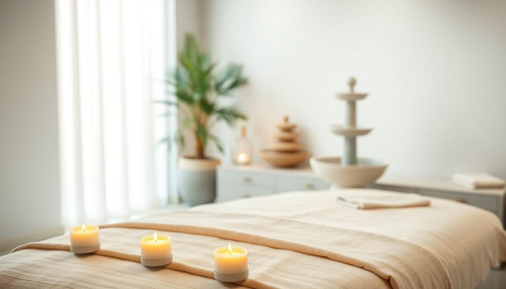 A serene massage therapy scene with a tranquil atmosphere. The foreground showcases a massage table with plush linens and aromatherapy candles, creating a calming ambiance. The middle ground features soothing nature-inspired elements such as a potted plant and a water fountain, evoking a sense of relaxation. The background depicts a minimalist, spa-like interior with soft lighting and neutral tones, emphasizing the retreat-like setting. The overall composition conveys the holistic health benefits of massage, including stress reduction and improved well-being.