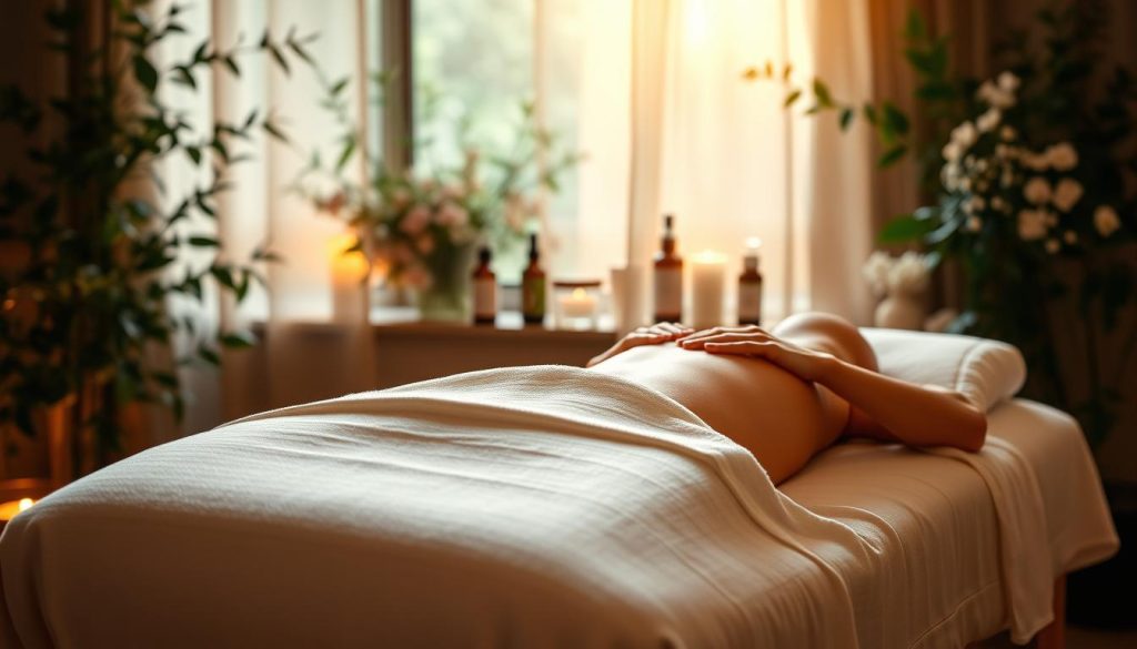 A serene massage therapy session in a cozy, dimly lit wellness studio. Soft, diffused lighting casts a warm, soothing glow over a massage table draped in crisp, white linens. Lush, verdant foliage and delicate flowers adorn the background, creating a tranquil, nature-inspired ambiance. Calming essential oils diffuse through the air, complementing the gentle, rhythmic kneading of skilled hands. The overall scene evokes a sense of deep relaxation, rejuvenation, and the profound health benefits of therapeutic massage. A serene massage therapy session in a cozy, dimly lit wellness studio. Soft, diffused lighting casts a warm, soothing glow over a massage table draped in crisp, white linens. Lush, verdant foliage and delicate flowers adorn the background, creating a tranquil, nature-inspired ambiance. Calming essential oils diffuse through the air, complementing the gentle, rhythmic kneading of skilled hands. The overall scene evokes a sense of deep relaxation, rejuvenation, and the profound health benefits of therapeutic massage.