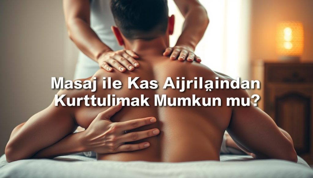 A serene massage therapy session, with a skilled masseuse's hands gently kneading and relieving tension in a muscular, athletic male back. Soft, warm lighting casts a soothing glow, creating an atmosphere of relaxation and healing. The scene captures the essence of the section's title, "Masaj ile Kas Ağrılarından Kurtulmak Mümkün mü? Uzman Terapistlerden Bilgiler", showcasing the restorative power of massage in alleviating muscle pain and discomfort.