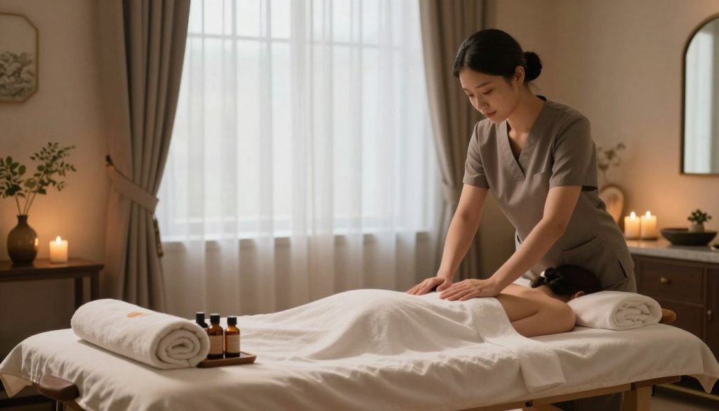 A serene massage therapy setting, featuring a luxurious treatment room with soft, ambient lighting. In the foreground, a massage table is elegantly made, accompanied by neatly arranged towels and essential oils. In the middle ground, there are soothing decorations like plants and candles, enhancing the tranquility of the atmosphere. The background shows a large window with sheer curtains, letting in gentle natural light that casts soft shadows. The overall mood conveys wellness, warmth, and professionalism, emphasizing the importance of effective communication between the therapist and client in identifying personal needs. The image should capture a calming and inviting space, free from human subjects, to reflect the essence of the massage therapy experience. A serene massage therapy setting, featuring a luxurious treatment room with soft, ambient lighting. In the foreground, a massage table is elegantly made, accompanied by neatly arranged towels and essential oils. In the middle ground, there are soothing decorations like plants and candles, enhancing the tranquility of the atmosphere. The background shows a large window with sheer curtains, letting in gentle natural light that casts soft shadows. The overall mood conveys wellness, warmth, and professionalism, emphasizing the importance of effective communication between the therapist and client in identifying personal needs. The image should capture a calming and inviting space, free from human subjects, to reflect the essence of the massage therapy experience.