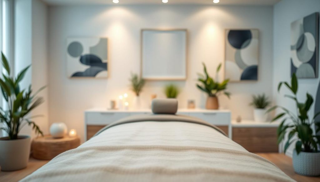 A serene massage therapy setting in a modern ABS Fizyoterapi clinic. Soft lighting illuminates a padded massage table, surrounded by soothing decor elements like potted plants and calming abstract artwork. The scene evokes a tranquil, rejuvenating atmosphere, perfect for a restorative massage experience. The camera angle is slightly elevated, capturing the inviting space from an angle that suggests the viewer is about to embark on a relaxing journey. The focus is on the massage table, with the background softly blurred to direct attention to the central massage experience. A serene massage therapy setting in a modern ABS Fizyoterapi clinic. Soft lighting illuminates a padded massage table, surrounded by soothing decor elements like potted plants and calming abstract artwork. The scene evokes a tranquil, rejuvenating atmosphere, perfect for a restorative massage experience. The camera angle is slightly elevated, capturing the inviting space from an angle that suggests the viewer is about to embark on a relaxing journey. The focus is on the massage table, with the background softly blurred to direct attention to the central massage experience.