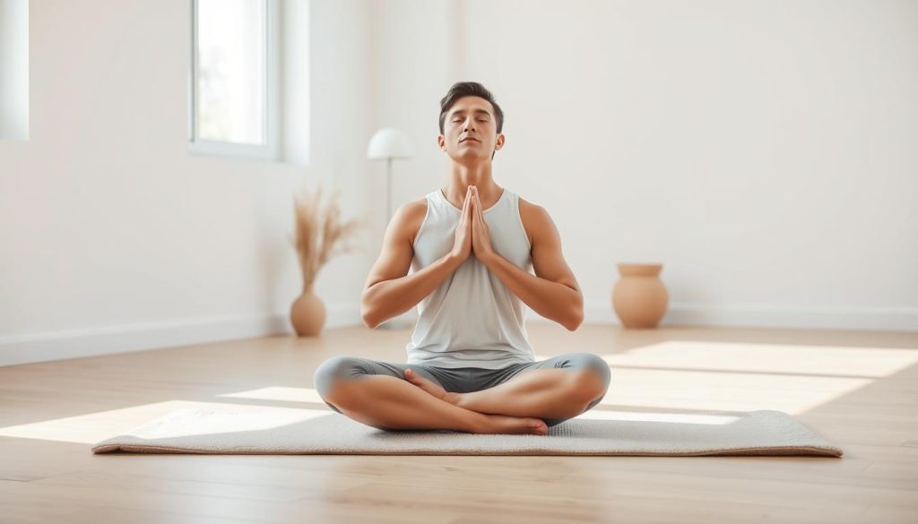A serene, minimalist indoor studio setting with natural lighting, featuring a person sitting cross-legged on a plush, neutral-toned yoga mat, performing a breathing exercise. The background is a clean, airy space with simple, uncluttered decor, possibly with a large window or some plants to create a calming, meditative atmosphere. The figure is shown from a slightly elevated angle, with a tranquil, focused expression, demonstrating the "nefes egzersizleri" or breathing exercises that can help alleviate stress in an urban environment like Istanbul.