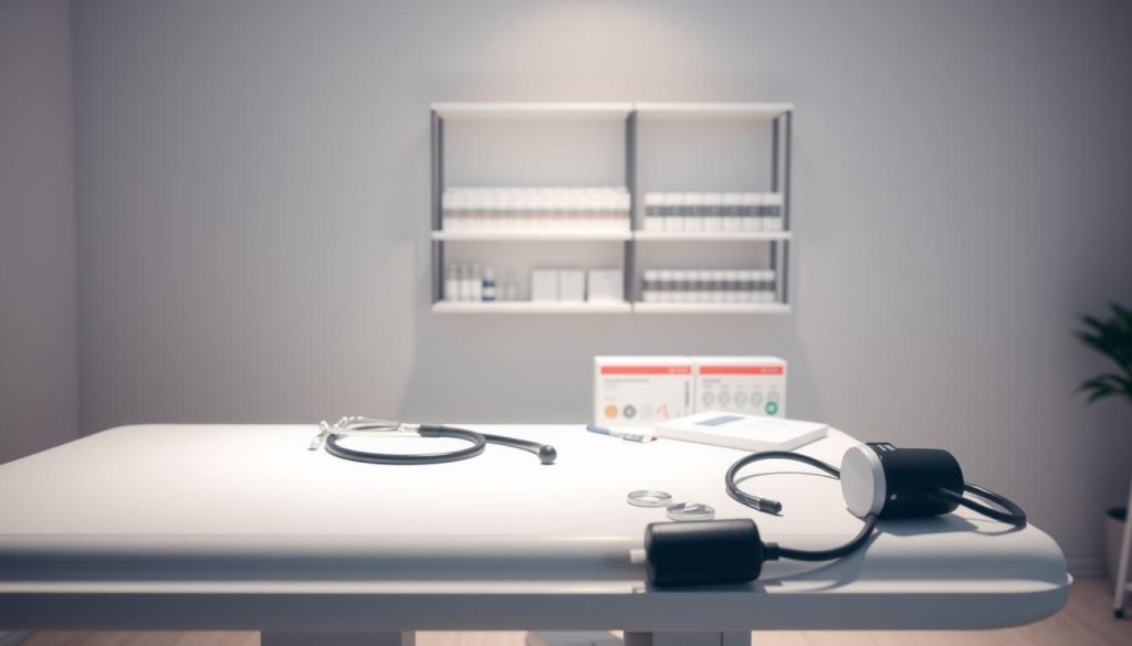 A serene, minimalist scene depicting various health and wellness tests. A clean, well-lit examination table in the foreground, adorned with a selection of medical equipment - a stethoscope, blood pressure cuff, and diagnostic tools. In the middle ground, shelves displaying test kits and sample vials, hinting at the array of health assessments available. The background features a calming, neutral-toned wall, creating a sense of clinical professionalism and tranquility. The lighting is soft and diffused, lending an air of authority and trustworthiness to the scene. The overall composition conveys a message of proactive, comprehensive health management through thorough testing and early intervention.