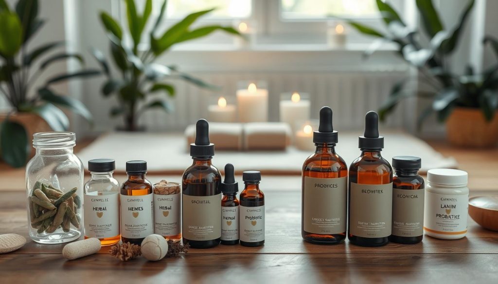 A serene, minimalist scene showcasing various wellness applications. In the foreground, an array of natural supplements, herbal tinctures, and probiotics in elegant glass bottles are neatly arranged on a wooden table. The middle ground features a plush, neutral-toned yoga mat and a few calming candles, creating a tranquil atmosphere. In the background, lush greenery and soft natural lighting evoke a sense of harmony and rejuvenation. The overall composition emphasizes balance, simplicity, and the holistic approach to gut health and immunity. The image is captured with a shallow depth of field, placing the focus on the wellness applications.