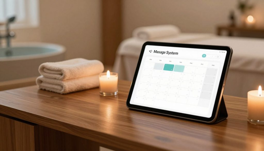 A serene, modern massage appointment system interface, displayed on a sleek tablet atop a polished wooden desk in a calming spa environment. In the foreground, a tablet showing a well-organized calendar with appointment slots highlighted, alongside aromatherapy candles flickering softly. The middle ground features a minimalist setup, including plush towels neatly arranged and a tranquil water feature, creating a sense of relaxation. The background reveals a softly lit treatment room with warm tones, accentuating a tranquil atmosphere. Soft, natural lighting illuminates the scene, creating a peaceful ambiance. Capture an inviting, professional environment that promotes relaxation while subtly emphasizing the importance of time management in a massage therapy setting. A serene, modern massage appointment system interface, displayed on a sleek tablet atop a polished wooden desk in a calming spa environment. In the foreground, a tablet showing a well-organized calendar with appointment slots highlighted, alongside aromatherapy candles flickering softly. The middle ground features a minimalist setup, including plush towels neatly arranged and a tranquil water feature, creating a sense of relaxation. The background reveals a softly lit treatment room with warm tones, accentuating a tranquil atmosphere. Soft, natural lighting illuminates the scene, creating a peaceful ambiance. Capture an inviting, professional environment that promotes relaxation while subtly emphasizing the importance of time management in a massage therapy setting.