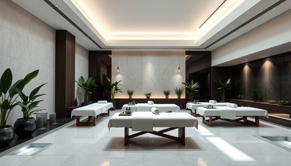 A serene, modern massage parlor interior with sleek, minimalist design elements. Soft, natural lighting creates a calming ambiance, highlighting the clean, hygienic environment. Plush massage tables are arranged in a minimalist layout, surrounded by potted plants and soothing water features. The space exudes a sense of tranquility and luxury, conveying a commitment to health, wellness, and exceptional service. High ceilings, neutral color palette, and polished surfaces contribute to an atmosphere of sophisticated professionalism. The overall impression is one of a high-end, wellness-focused establishment dedicated to providing a truly rejuvenating and restorative experience. A serene, modern massage parlor interior with sleek, minimalist design elements. Soft, natural lighting creates a calming ambiance, highlighting the clean, hygienic environment. Plush massage tables are arranged in a minimalist layout, surrounded by potted plants and soothing water features. The space exudes a sense of tranquility and luxury, conveying a commitment to health, wellness, and exceptional service. High ceilings, neutral color palette, and polished surfaces contribute to an atmosphere of sophisticated professionalism. The overall impression is one of a high-end, wellness-focused establishment dedicated to providing a truly rejuvenating and restorative experience.