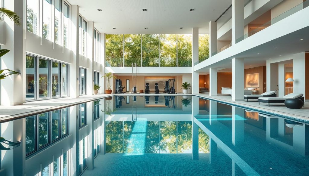 A serene, modern spa and fitness complex nestled amidst lush greenery, with a sleek, contemporary design featuring abundant natural light and clean lines. In the foreground, a tranquil indoor pool reflects the high ceilings and large windows, creating a sense of openness and relaxation. Beyond, a well-equipped gym with state-of-the-art equipment is visible, while in the background, luxurious treatment rooms offer a range of soothing spa services. The overall atmosphere evokes a harmonious blend of physical wellness and restorative indulgence.