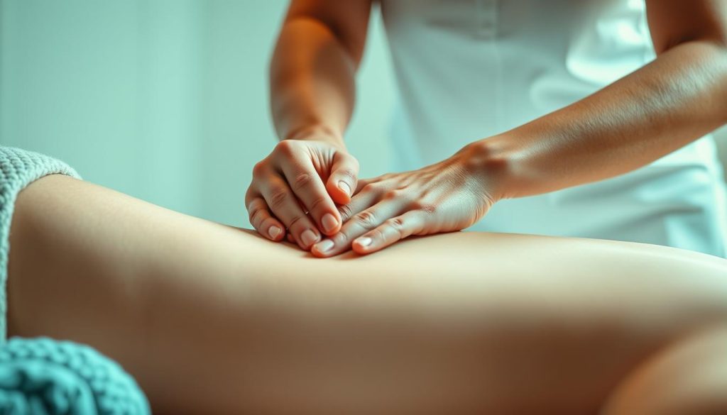A serene, peaceful scene of a lymphatic drainage massage technique. The therapist's skilled hands gently manipulate the client's limbs, promoting the flow of lymphatic fluid and the release of toxins. The background is softly blurred, with a calming color palette of blues and greens, creating a soothing atmosphere. Warm, diffused lighting highlights the delicate movements, while the camera angle captures the intimacy of the moment. The composition emphasizes the harmony between the practitioner and the recipient, conveying a sense of relaxation and renewal.