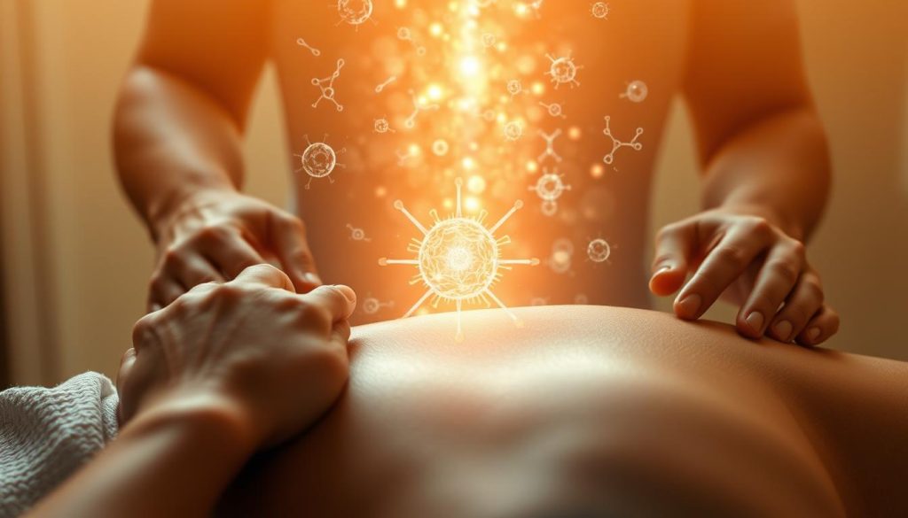 A serene scene depicting the rejuvenating effects of massage on the human immune system. In the foreground, hands gently knead and manipulate the skin, stimulating lymphatic drainage and blood circulation. The middle ground showcases a glowing, luminous energy field emanating from the body, representing the strengthened immune response. In the background, an abstract pattern of cell structures and antibodies swirls and dances, symbolizing the heightened defensive capabilities. Soft, warm lighting casts a healing glow, while a calming, tranquil atmosphere pervades the scene, conveying the restorative power of massage on overall wellbeing.