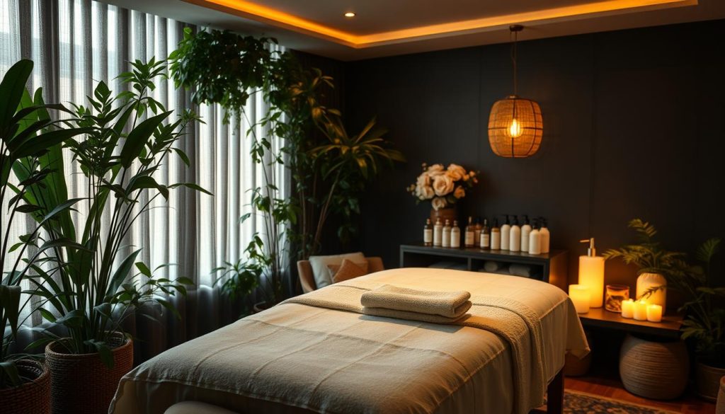 A serene scene of a luxurious massage parlor in Istanbul, Turkey. The dimly lit room is adorned with lush, verdant plants, creating a tranquil, natural atmosphere. Soft, warm lighting casts a soothing glow, as a Swedish massage table takes center stage, inviting the viewer to experience its restorative benefits. Plush, high-quality linens and an array of massage oils and lotions suggest a premium, spa-like setting, designed to promote deep relaxation and improved blood circulation. The overall mood is one of calming, rejuvenating tranquility, perfectly capturing the essence of the Swedish massage technique.