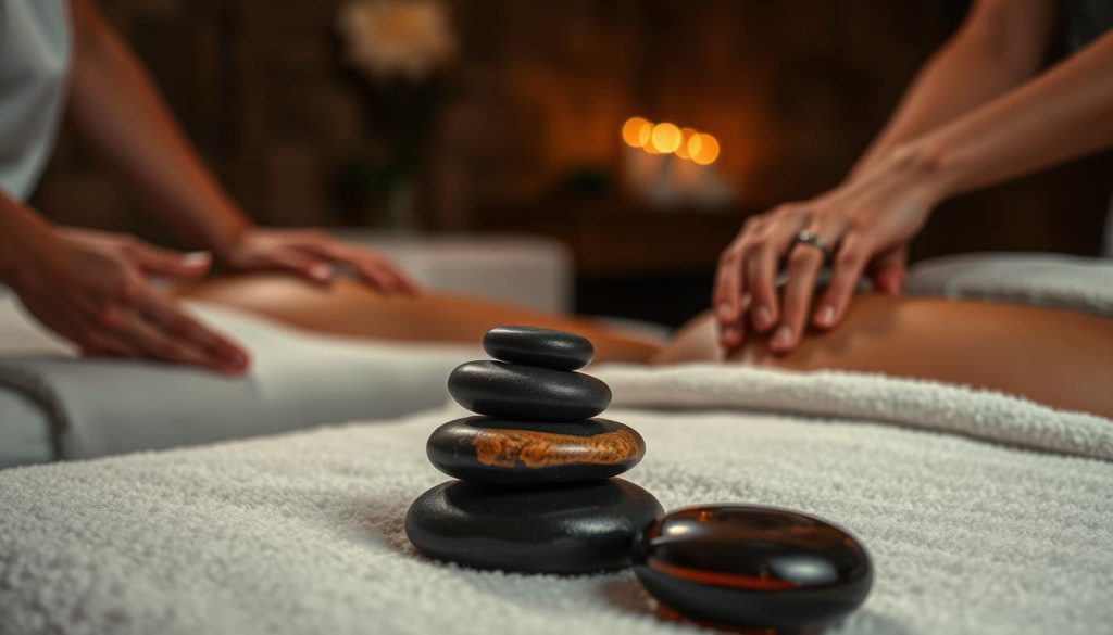 A serene scene of various massage techniques unfolding in a dimly lit, cozy environment. In the foreground, skilled hands gently knead and stroke tense muscles, coaxing relaxation. In the middle ground, smooth river stones and fragrant oils rest on a soft, plush surface, evoking a sense of natural tranquility. The background features a blurred, warm-toned ambiance, suggesting a private, spa-like setting perfect for a couple's indulgence. Soft, diffused lighting casts a soothing glow, creating an atmosphere of pure relaxation and rejuvenation.