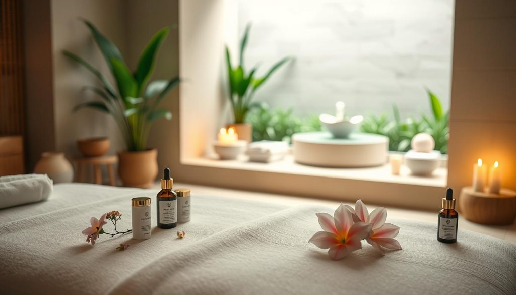 A serene, softly lit spa setting featuring an array of beauty and wellness treatments. In the foreground, a luxurious massage table with plush linens and delicate floral accents. Beside it, a selection of premium skincare products and essential oils, their packaging reflecting an elegant, minimalist aesthetic. The middle ground showcases a cozy, inviting treatment area, with subdued lighting casting a warm, calming glow. In the background, a soothing water feature and verdant, lush greenery evoke a sense of tranquility. The entire scene conveys a serene, rejuvenating atmosphere, perfect for indulging in a range of self-care services, from soothing massages to nourishing facials and indulgent body treatments.