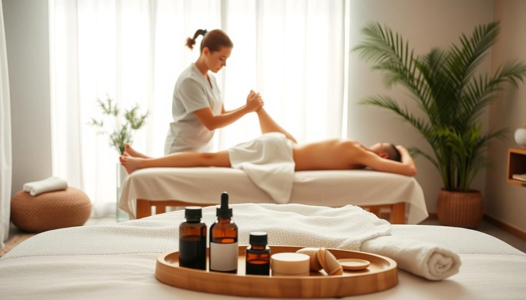 A serene, soothing scene depicting the harmonious combination of physiotherapy and massage therapy. In the foreground, a massage table with plush linens and an array of essential oils and massage tools. In the middle ground, a physiotherapist gently adjusting the limb of a patient, while a massage therapist works on the patient's back using flowing, therapeutic strokes. The background features a calming, spa-like atmosphere with soft lighting, natural textures, and soothing colors. The overall mood is one of relaxation, wellness, and the holistic integration of these complementary healing modalities. A serene, soothing scene depicting the harmonious combination of physiotherapy and massage therapy. In the foreground, a massage table with plush linens and an array of essential oils and massage tools. In the middle ground, a physiotherapist gently adjusting the limb of a patient, while a massage therapist works on the patient's back using flowing, therapeutic strokes. The background features a calming, spa-like atmosphere with soft lighting, natural textures, and soothing colors. The overall mood is one of relaxation, wellness, and the holistic integration of these complementary healing modalities.