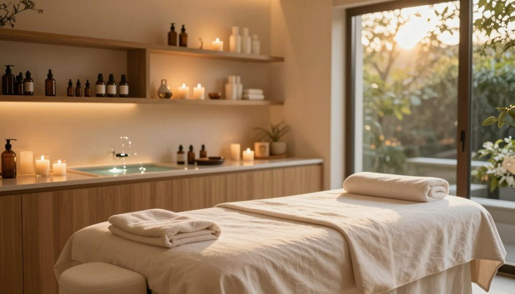 A serene spa and salon interior, showcasing a luxurious atmosphere. In the foreground, a neatly arranged massage table with soft linen and calming essential oils placed beside it. The middle ground features elegant wooden shelves filled with spa products like aromatherapy oils and scented candles. A soothing water feature adds tranquility, reflecting soft ambient lighting that bathes the entire space in a warm glow. In the background, large windows invite natural light, revealing lush greenery outside, contributing to a peaceful ambiance. The overall mood is relaxing, inviting potential clients to unwind and enjoy spa services. Ideal lighting mimics golden hour for a dreamy effect. The image should emphasize cleanliness, professionalism, and comfort while avoiding any human figures. A serene spa and salon interior, showcasing a luxurious atmosphere. In the foreground, a neatly arranged massage table with soft linen and calming essential oils placed beside it. The middle ground features elegant wooden shelves filled with spa products like aromatherapy oils and scented candles. A soothing water feature adds tranquility, reflecting soft ambient lighting that bathes the entire space in a warm glow. In the background, large windows invite natural light, revealing lush greenery outside, contributing to a peaceful ambiance. The overall mood is relaxing, inviting potential clients to unwind and enjoy spa services. Ideal lighting mimics golden hour for a dreamy effect. The image should emphasize cleanliness, professionalism, and comfort while avoiding any human figures.