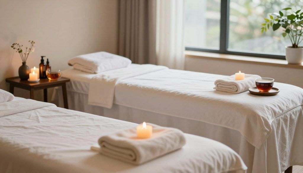 A serene spa environment depicting two distinct massage settings. In the foreground, a luxurious treatment room showcasing a single massage table adorned with soft towels and calming candles, emphasizing the "single session" experience. In the middle ground, an elegant, multi-table setup representing a "package massage" solution, with neatly arranged elements like scented oils, soothing music players, and herbal tea on a side table. The background features large windows allowing natural light to cascade in, highlighting the peaceful atmosphere with plants and soft colors. The mood is tranquil and inviting, encouraging relaxation and self-care. Aim for high quality, with a soft focus on the details, evoking a sense of wellness and choice. A serene spa environment depicting two distinct massage settings. In the foreground, a luxurious treatment room showcasing a single massage table adorned with soft towels and calming candles, emphasizing the "single session" experience. In the middle ground, an elegant, multi-table setup representing a "package massage" solution, with neatly arranged elements like scented oils, soothing music players, and herbal tea on a side table. The background features large windows allowing natural light to cascade in, highlighting the peaceful atmosphere with plants and soft colors. The mood is tranquil and inviting, encouraging relaxation and self-care. Aim for high quality, with a soft focus on the details, evoking a sense of wellness and choice.
