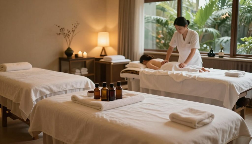A serene spa environment featuring various types of massage therapy settings. In the foreground, a massage table adorned with soft linens and essential oil bottles, creating a tranquil atmosphere. In the middle, different treatment rooms showcasing classic massage techniques like Swedish and deep tissue, along with a private area for personalized treatments, all with calming decor and warm lighting. In the background, lush greenery visible through large windows, enhancing the peaceful vibe. Soft, diffused lighting gently illuminates the scene, invoking relaxation and wellness. The overall mood is inviting and soothing, embodying the essence of a luxury massage experience. A serene spa environment featuring various types of massage therapy settings. In the foreground, a massage table adorned with soft linens and essential oil bottles, creating a tranquil atmosphere. In the middle, different treatment rooms showcasing classic massage techniques like Swedish and deep tissue, along with a private area for personalized treatments, all with calming decor and warm lighting. In the background, lush greenery visible through large windows, enhancing the peaceful vibe. Soft, diffused lighting gently illuminates the scene, invoking relaxation and wellness. The overall mood is inviting and soothing, embodying the essence of a luxury massage experience.