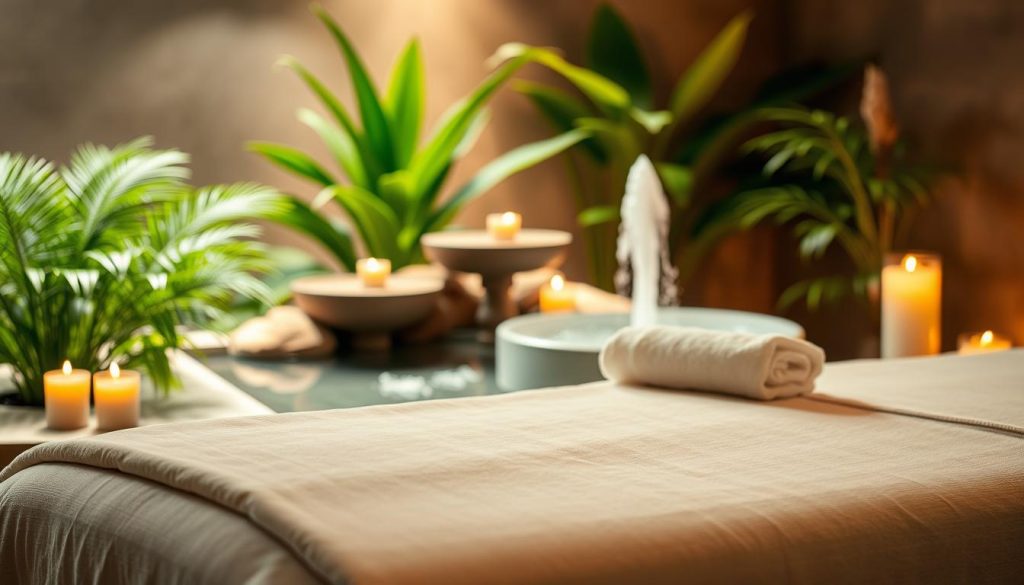 A serene spa environment focuses on the concept of "masaj terapisi," showcasing a beautifully arranged massage room. In the foreground, a massage table is elegantly set with soft, plush linens and neatly placed aromatic candles surrounding it. The middle ground features a gentle, flowing water fountain, creating a soothing auditory backdrop, while lush green plants add a touch of nature, emphasizing a calming atmosphere. The background reveals soft, ambient lighting that bathes the space in warm tones, evoking comfort and relaxation. The composition is peaceful and tranquil, capturing the essence of mental relaxation and sensory balance, reflecting the art of massage therapies aimed at harmony between body and mind, without any human presence in the scene.