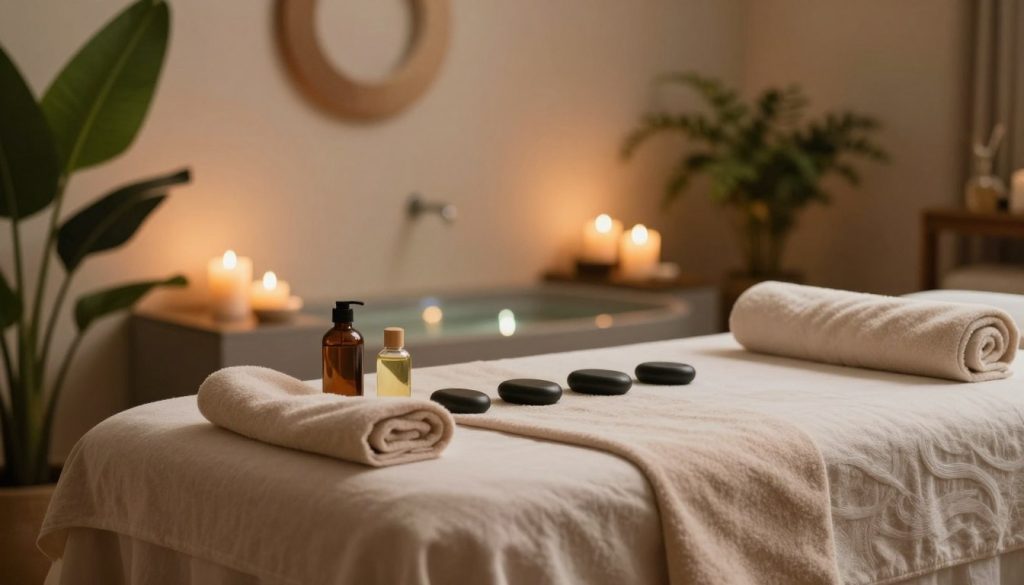 A serene spa environment showcasing a massage therapy scene. In the foreground, an elegant massage table adorned with soft, neutral-colored linens. On the table, various massage oils and tools such as stones and a towel neatly arranged. The middle ground features calming elements like soft candles emitting a warm glow, with gentle waves of light reflecting off the surfaces. Lush green plants add a touch of nature, symbolizing tranquility and balance. The background features softly blurred images of soothing water and abstract forms, enhancing the sense of rhythm associated with massage techniques. The scene is illuminated by soft, diffused lighting to create a peaceful and relaxing atmosphere, with an emphasis on harmony and respite.