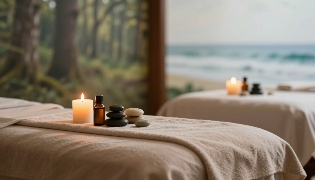 A serene spa environment showcasing a massage therapy setup. In the foreground, an elegantly arranged massage table with soft, neutral-toned linens. On either side, aromatic candles emit a warm, inviting glow, enhancing the tranquil atmosphere. In the middle, essential oils and smooth stones are artfully displayed, symbolizing different massage techniques. The background features soft, blurred images of calming nature, such as a tranquil forest or gentle ocean waves, conveying peace and relaxation. The lighting is warm and soft, creating an inviting ambiance that emphasizes wellness and rejuvenation. The overall mood should feel calm, harmonious, and professional, encapsulating the essence of personalized massage therapy without any human figures or textual elements.