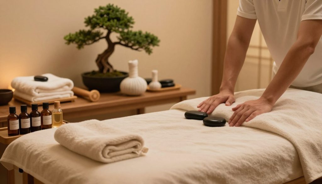 A serene spa environment showcasing popular massage techniques. In the foreground, a comfortable massage table adorned with soft, natural fabrics. To the side, neatly arranged massage oils and essential oils with elegant labels, hinting at different therapies. In the middle, a tranquil scene featuring various massage tools such as stones, wooden rollers, and towels, providing a sense of order and relaxation. The background features a softly lit room with calming colors, perhaps a view of bonsai trees or gentle water elements to enhance the peaceful atmosphere. The lighting is warm and inviting, creating a soothing ambiance suitable for relaxation and wellness. The overall mood is tranquil and serene, evoking a sense of escape into the world of massage therapy.