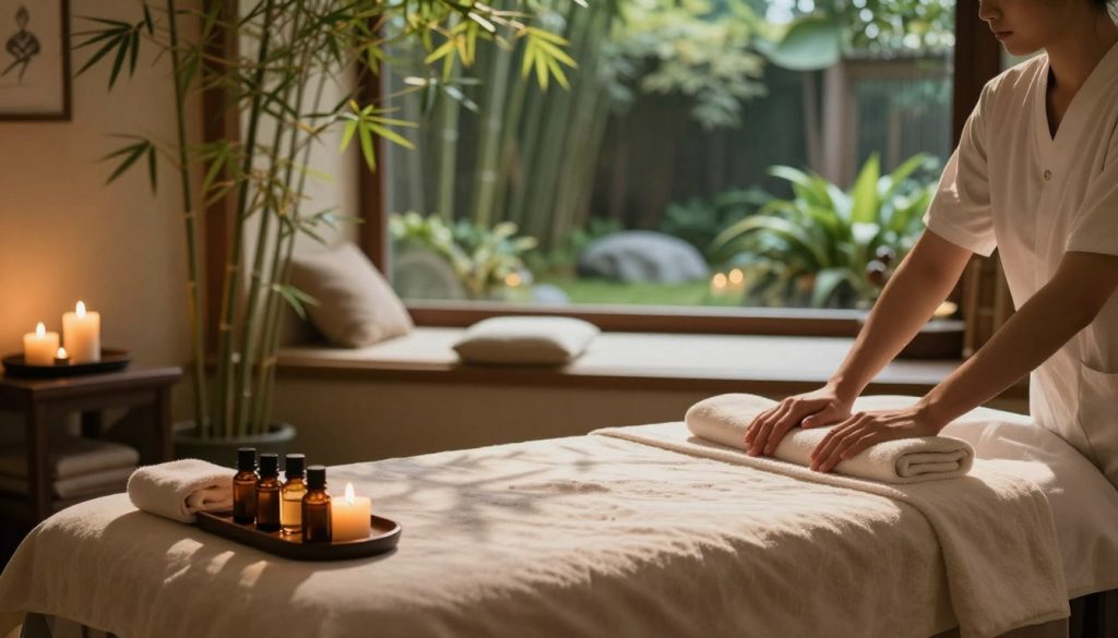 A serene spa environment showcasing the benefits of massage therapy. In the foreground, a cozy massage table with soft, plush linens and calming essential oils arranged neatly. The middle layer features a tranquil room adorned with natural elements, such as bamboo plants, aromatic candles, and soothing textures. Soft, warm lighting enhances the peaceful ambiance, creating gentle shadows that evoke relaxation. A large window in the background reveals a view of a lush green garden, inviting nature into the space. Capture the overall atmosphere of calm and rejuvenation, emphasizing a harmonious balance between the elements present, with a focus on relaxation and wellness in a luxurious setting.