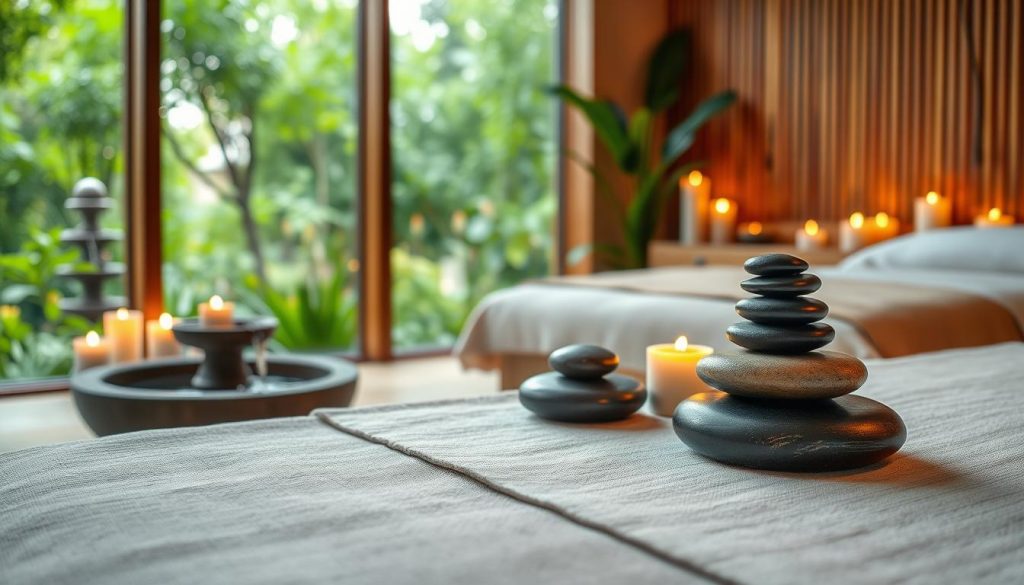 A serene spa interior showcasing a "hot stone therapy" experience. In the foreground, a beautifully arranged stone massage set rests on a soft, textured linen. The middle ground features a calming treatment room adorned with warm wooden accents and flickering candles, casting a gentle glow. A small indoor water fountain adds a tranquil sound element, enhancing the atmosphere. The background displays lush greenery through a large window, bringing the outside world into the peaceful space. Soft, ambient lighting creates a warm and inviting mood. The composition is viewed from a slightly elevated angle, capturing the essence of relaxation and the soothing nature of therapeutic massage in Istanbul. The image is rich in detail, emphasizing serenity and wellness without human subjects. A serene spa interior showcasing a "hot stone therapy" experience. In the foreground, a beautifully arranged stone massage set rests on a soft, textured linen. The middle ground features a calming treatment room adorned with warm wooden accents and flickering candles, casting a gentle glow. A small indoor water fountain adds a tranquil sound element, enhancing the atmosphere. The background displays lush greenery through a large window, bringing the outside world into the peaceful space. Soft, ambient lighting creates a warm and inviting mood. The composition is viewed from a slightly elevated angle, capturing the essence of relaxation and the soothing nature of therapeutic massage in Istanbul. The image is rich in detail, emphasizing serenity and wellness without human subjects.