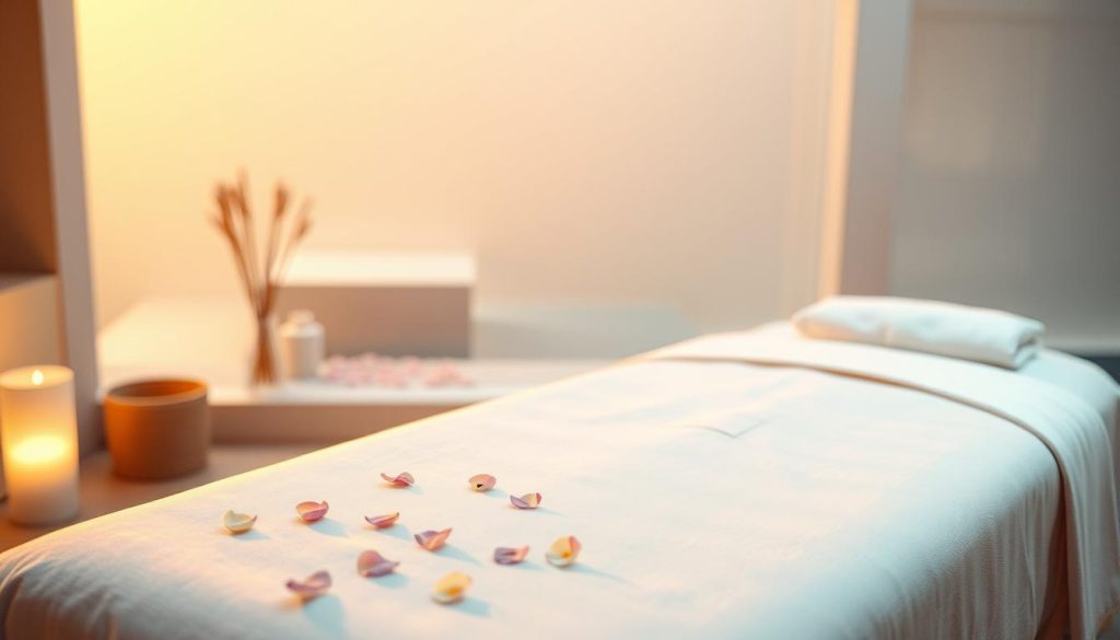 A serene spa-like setting, bathed in soft, warm lighting. The foreground showcases an ornate massage table draped in luxurious linens, inviting the viewer to imagine the tranquility of a routine massage. In the middle ground, delicate flower petals are scattered, adding a touch of natural beauty. The background features a tranquil, minimalist landscape, perhaps with a soothing waterfall or gentle foliage, creating a sense of peaceful escapism. The overall mood is one of relaxation, restoration, and the importance of self-care through the ritual of regular massage therapy. A serene spa-like setting, bathed in soft, warm lighting. The foreground showcases an ornate massage table draped in luxurious linens, inviting the viewer to imagine the tranquility of a routine massage. In the middle ground, delicate flower petals are scattered, adding a touch of natural beauty. The background features a tranquil, minimalist landscape, perhaps with a soothing waterfall or gentle foliage, creating a sense of peaceful escapism. The overall mood is one of relaxation, restoration, and the importance of self-care through the ritual of regular massage therapy.