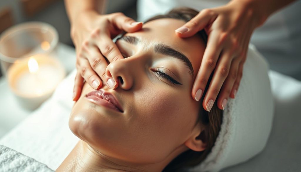 A serene, spa-like setting featuring a close-up view of a woman's hands delicately massaging the face of another woman, with a soft, diffused lighting creating an atmosphere of tranquility and relaxation. The massage techniques are demonstrated in detail, with the masseuse's fingers gently kneading and gliding across the client's skin, promoting an even skin tone and radiant complexion. The background is blurred, allowing the focus to remain on the massage techniques, conveying the importance of this therapeutic practice in achieving a natural, luminous glow.