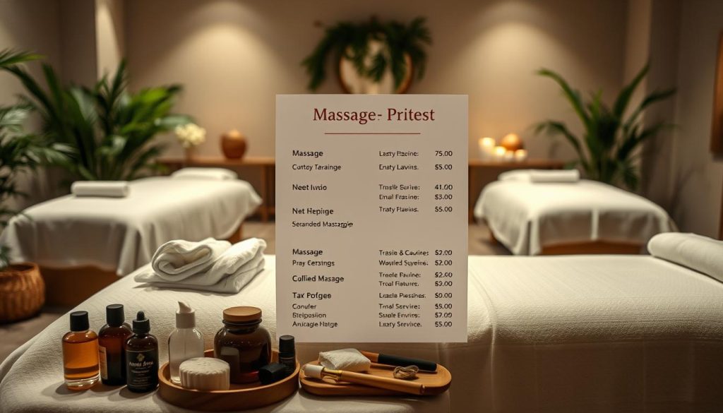 A serene spa-like setting in Kadıköy, Istanbul, illuminated by soft, diffused lighting. Plush massage tables draped with crisp white linens, surrounded by soothing greenery and natural elements. The foreground showcases various massage tools and oils, artfully arranged to convey professionalism and expertise. The middle ground features a stylized price list detailing the range of massage services and their corresponding rates, presented in a clean, minimalist design. The background depicts the tranquil ambiance of the massage studio, with muted colors and a sense of relaxation pervading the scene.