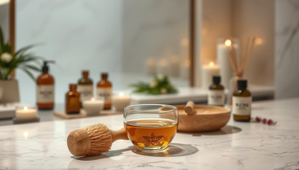 A serene spa-like setting with a luxurious marble countertop and an assortment of natural skincare products. In the foreground, a wooden brush and a glass bowl filled with fragrant essential oils set the stage for a pampering anti-cellulite massage and body scrub. Soft, diffused lighting creates a warm, relaxing atmosphere, accentuating the smooth, polished textures of the scene. The middle ground features a modern, minimalist design with clean lines and neutral tones, allowing the focus to remain on the beauty and wellness rituals taking place. The background subtly fades into a soft, hazy backdrop, enhancing the tranquil and rejuvenating ambiance.
