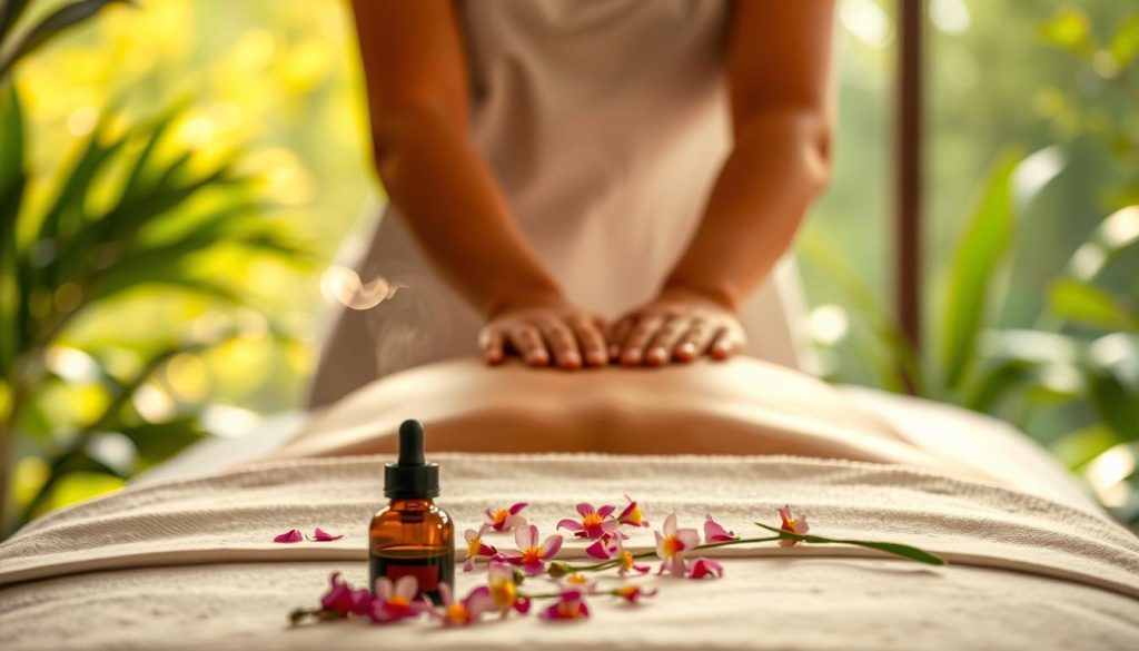 A serene spa-like setting with a massage table in the foreground, surrounded by lush greenery and warm natural lighting. Delicate wisps of steam gently rise, creating a calming ambiance. The table's surface is adorned with soothing essential oils and a scatter of fresh flowers, inviting relaxation. In the middle ground, a masseuse's hands perform long, flowing strokes, radiating a sense of therapeutic touch. The background blurs into a tranquil, nature-inspired backdrop, emphasizing the holistic, restorative benefits of physical massage.