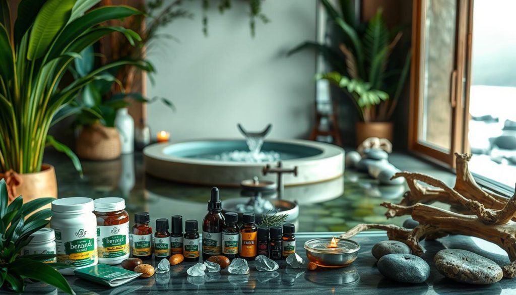 A serene spa-like setting with lush greenery, soothing lighting, and various wellness-related objects. In the foreground, a central display showcases an array of herbal supplements, essential oils, and crystals, reflecting the idea of a holistic detox program. The middle ground features a tranquil water feature, such as a small fountain or waterfall, creating a calming ambiance. The background incorporates natural elements like river stones, driftwood, and perhaps a glimpse of a peaceful outdoor landscape through a large window or doorway. The overall mood is one of rejuvenation, balance, and the restoration of inner energy.