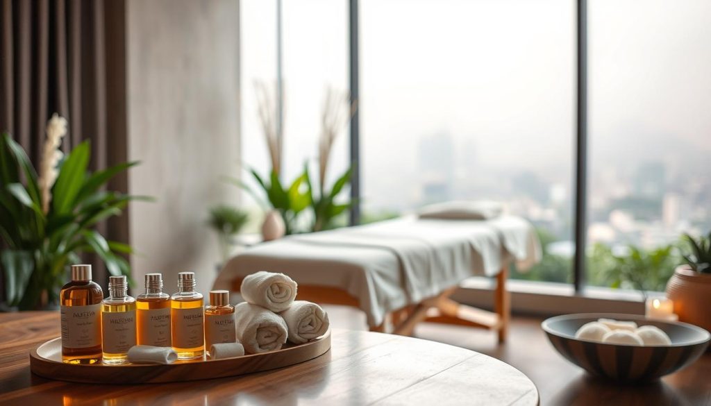 A serene spa-like setting, with soft lighting and soothing colors. In the foreground, a selection of massage oils, towels, and other spa accessories are neatly arranged on a wooden table, conveying a sense of tranquility and care. In the middle ground, a plush, inviting massage table sits, surrounded by lush greenery and subtle décor that creates a calming, zen-like atmosphere. The background features a muted, blurred cityscape, hinting at the ability to escape the bustling urban environment and find solace in the skilled hands of a carefully selected massage therapist.