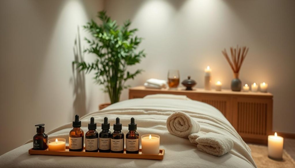 A serene spa-like setting, with soft lighting illuminating a luxurious massage table draped in plush, high-quality linens. In the foreground, an array of essential oils, scented candles, and other professional massage accoutrements are neatly arranged, conveying a sense of tranquility and expertise. The middle ground features a lush, verdant indoor plant, adding a natural, calming ambiance. The background showcases a minimalist, zen-inspired decor, with clean lines and muted tones that create a soothing, rejuvenating atmosphere. The entire scene radiates a sense of professionalism, relaxation, and the personalized attention one would expect from a premier massage experience in Istanbul.