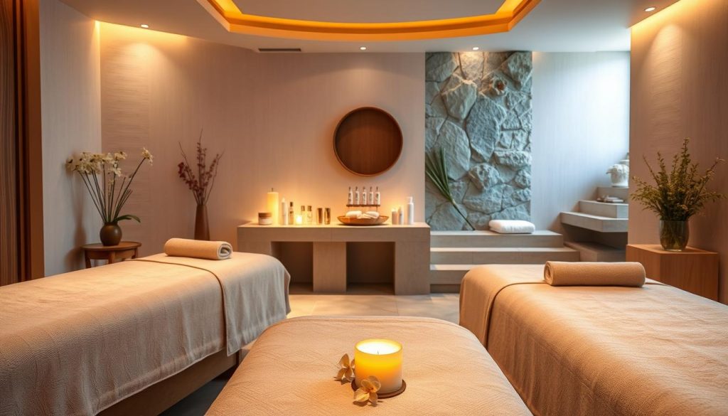 A serene spa retreat nestled in the heart of Istanbul, with warm lighting and soothing textures creating a tranquil ambiance. Plush massage tables and delicate floral arrangements adorn the foreground, while the middle ground showcases a variety of rejuvenating skincare treatments, including cilt yenileme uygulamaları. The background features a calming, minimalist decor with natural elements like stone and wood, inviting guests to relax and rejuvenate. The overall scene conveys a sense of relaxation, indulgence, and a retreat from the bustling city.