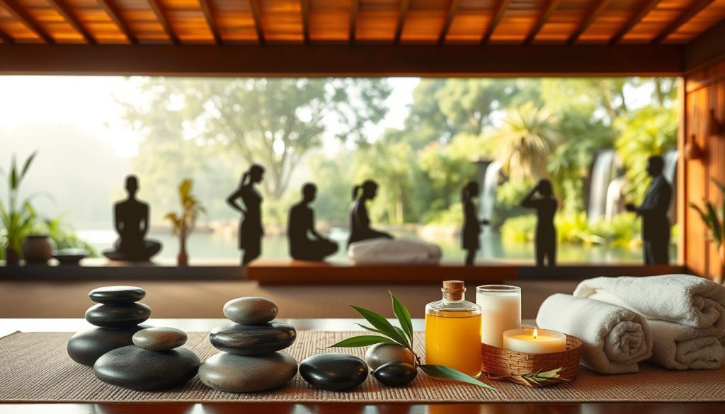 A serene spa setting featuring an array of massage modalities. In the foreground, a collection of massage tools and accessories - smooth river stones, aromatic oils, soft towels, and bamboo stalks. The middle ground showcases the silhouettes of massage techniques, from long flowing strokes to deep tissue kneading. The background depicts a tranquil scene of a secluded garden oasis, with lush greenery and gentle waterfalls. Warm, soft lighting bathes the entire scene, evoking a sense of relaxation and rejuvenation. The overall mood is one of holistic wellness and harmony.